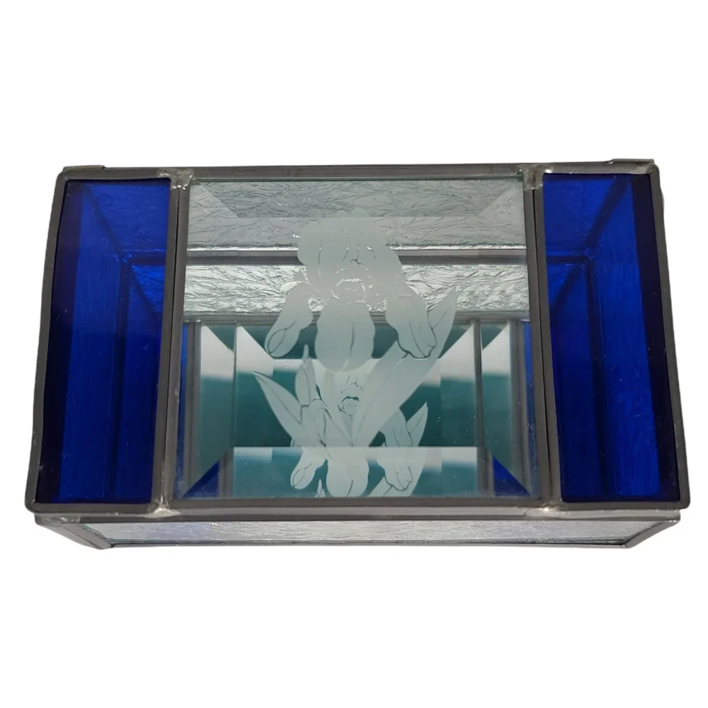 Vtg Trinket Jewelry Box Etched Iris Cobalt Blue Frosted Beveled Glass Mirrored